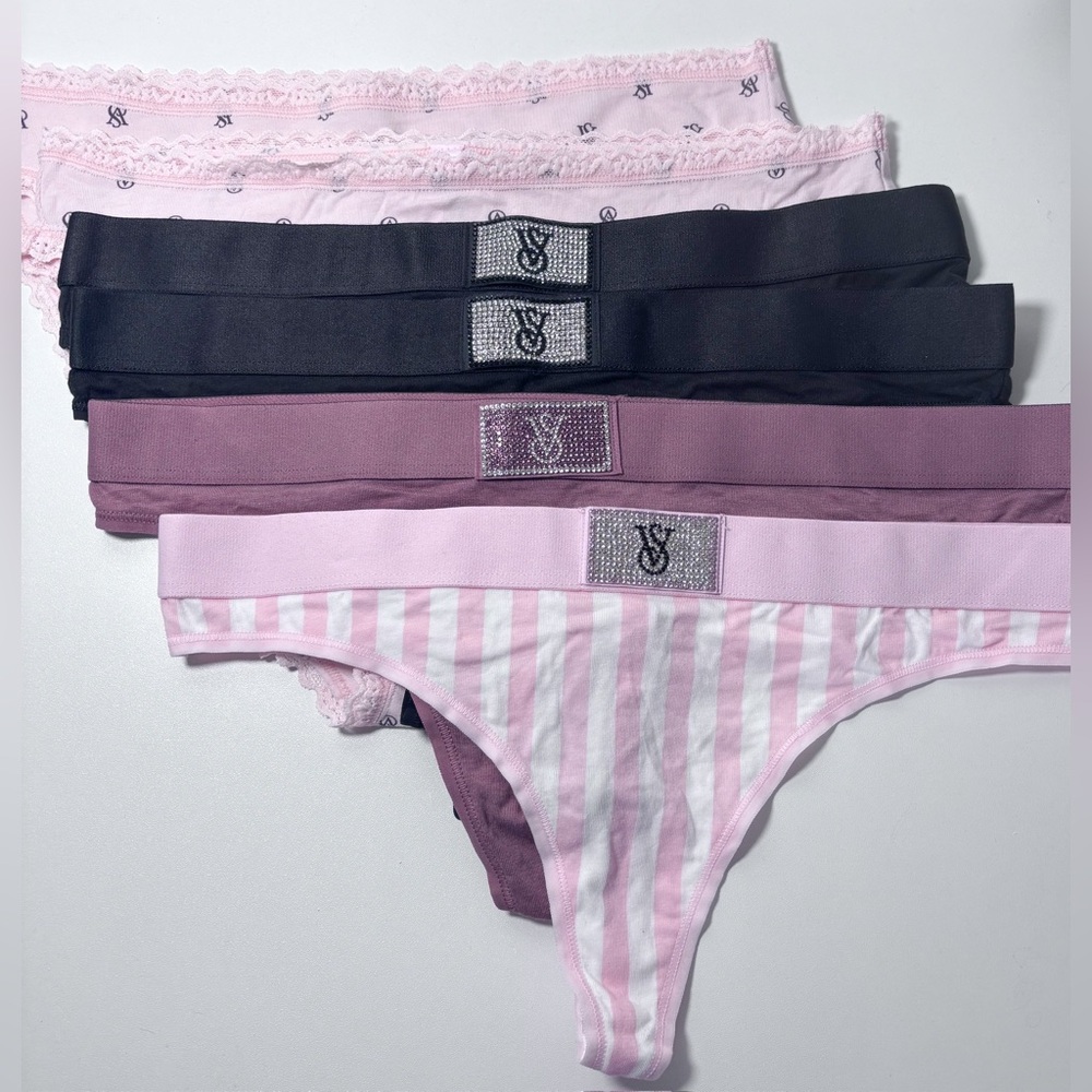 Victoria’s Secret Set of 6 Shine Logo Underwear Thongs Pink Black Size M NWT - Picture 2 of 13